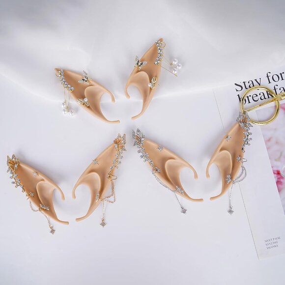 Fairy Elf Ears with Piercings Handmade Butterfly Gold Cuffs Cosplay Accessories - Picture 5 of 6